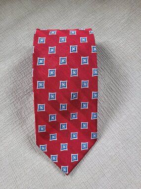 Jos. A. Bank Men’s 100% Silk Tie Red Blue Geometric Square Neat Pattern Necktie